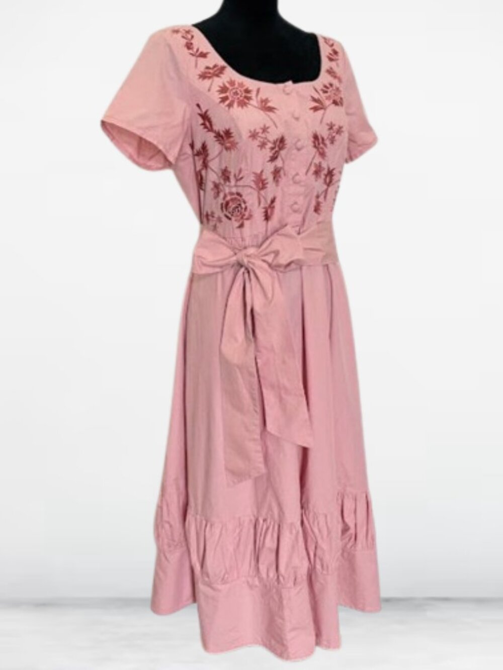 eShakti soft Pink embroidered Tea dress Fit & Flare Short sleeve LARGE/10